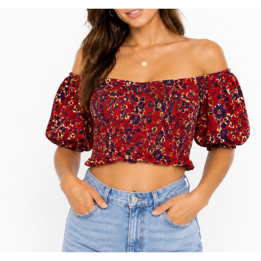 BP Nordstrom Women's XL Floral Smocked Crop Top Puff Sleeve Red Boho Cottagecore